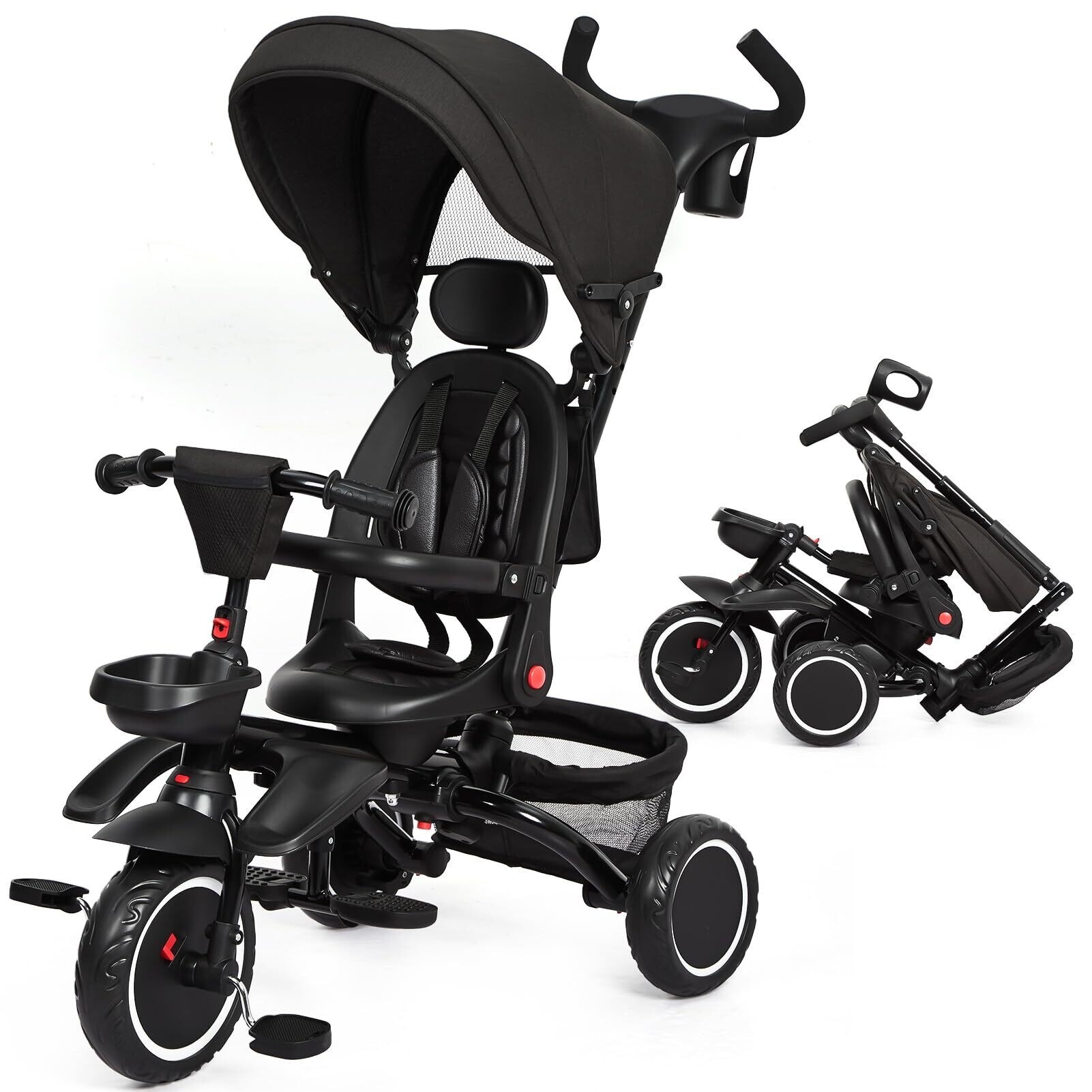 Baby Tricycle 7 in 1 Folding Toddler Bike w Removable Adjustable Push Handle Black