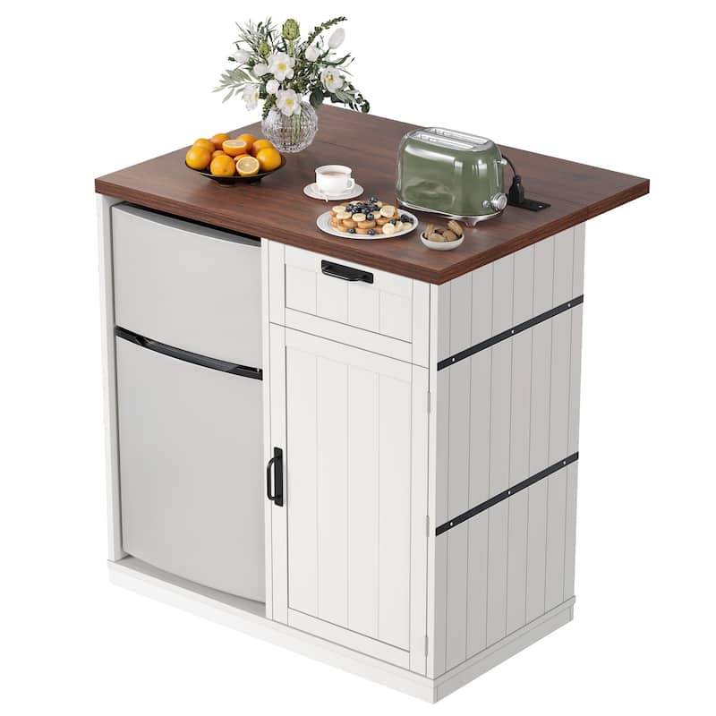 Moasis Kitchen Island with Mini Fridge Space and Drop Leaf & Power Outlet