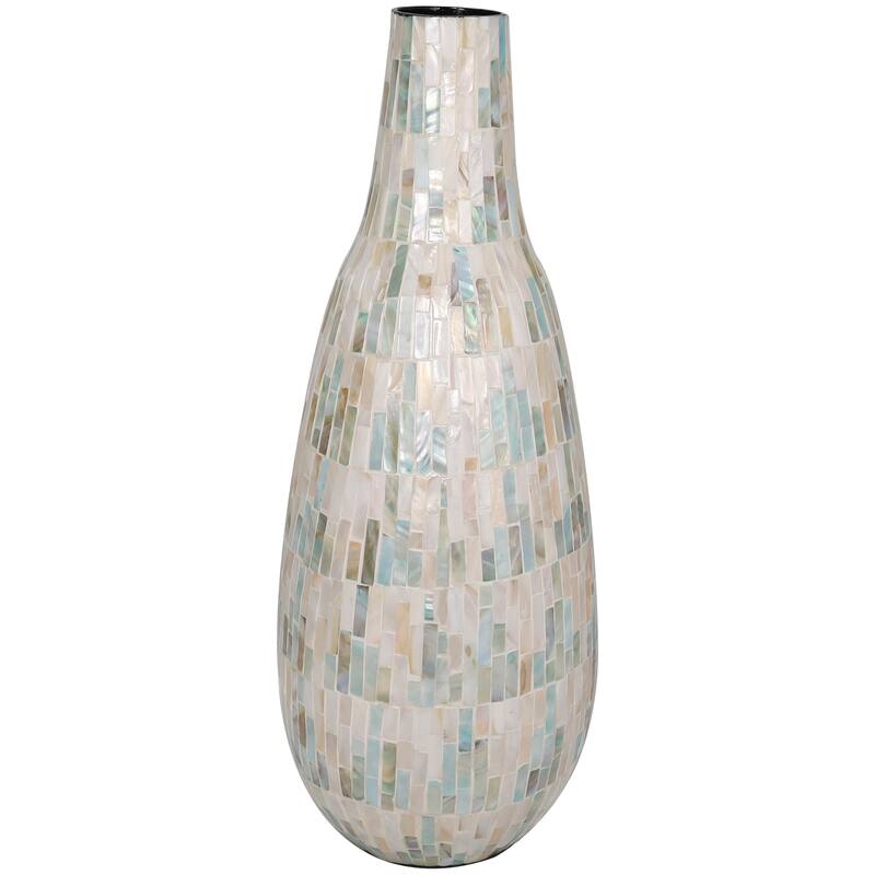 White Mother of Pearl Shell Handmade Mosaic Inspired Decorative Vase with Pastel Blue and Pink Accents