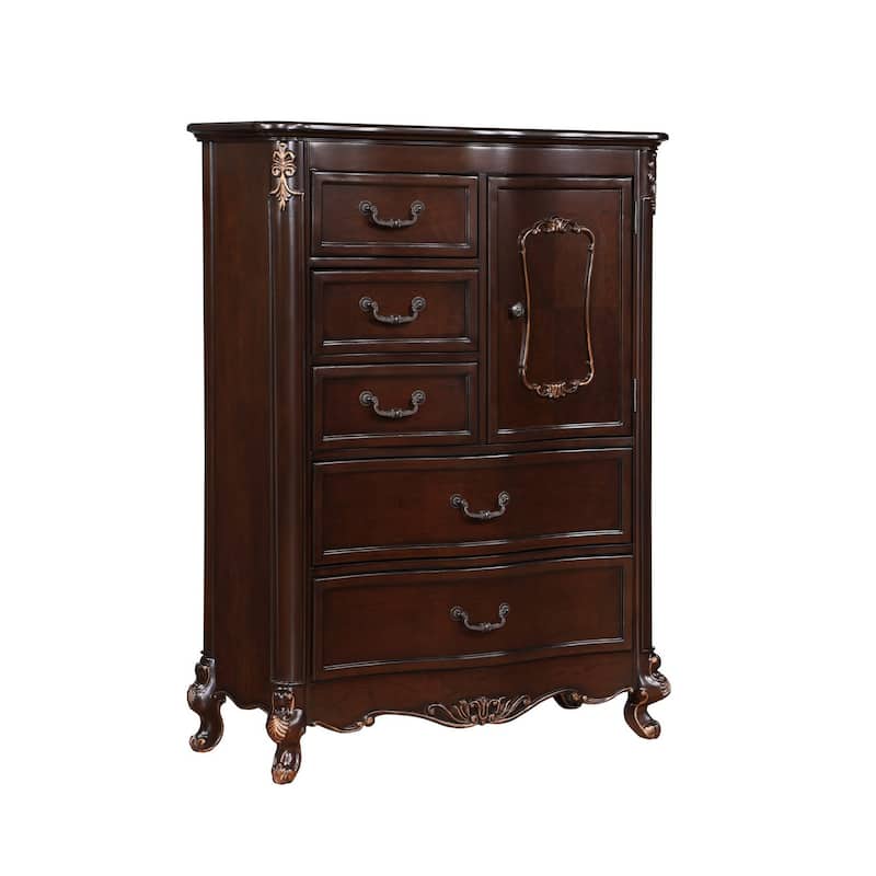 Leon 56 Inch Tall Dresser Chest, 5 Drawer, Cabinet, Grooved, Gold, Brown