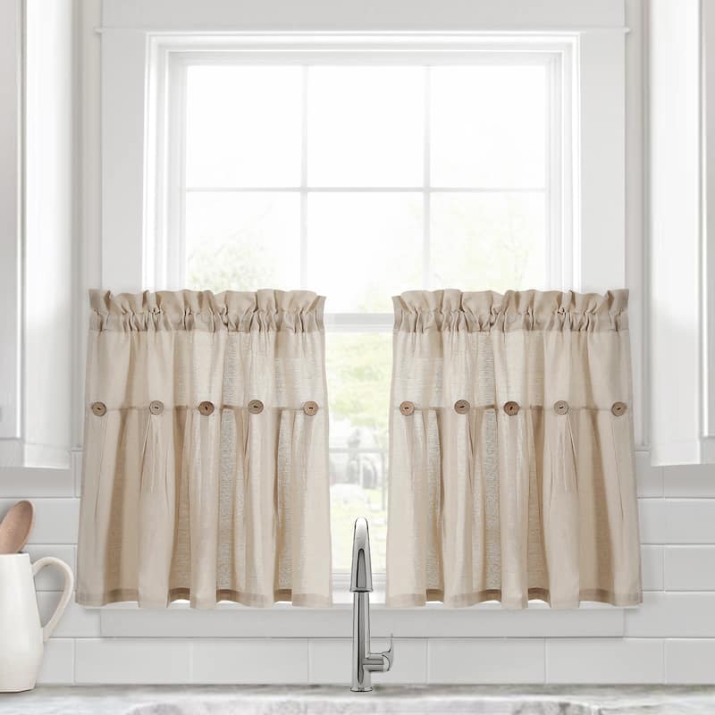 Lush Decor Linen Button Kitchen Tier Window Curtain Panel Pair - Dark Linen - 29" x 24"