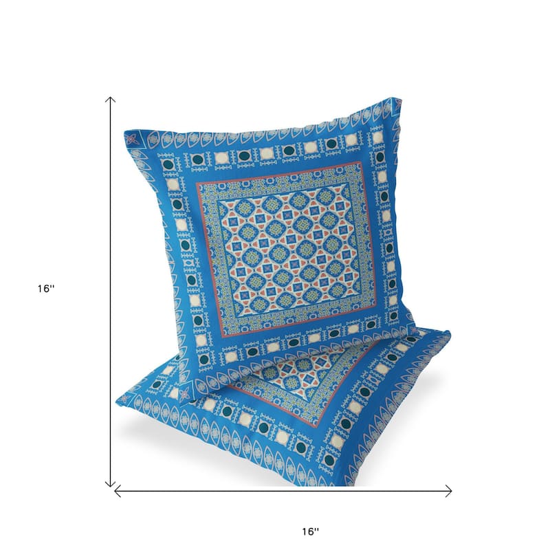HomeRoots Set of Two 16" X 16" Blue and Pink Blown Seam Floral Indoor Outdoor Throw Pillow - 16.00' X '16.00' X '5.00