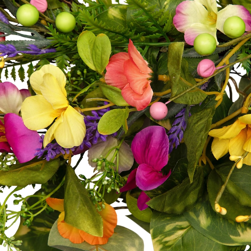 Mixed Floral Artificial Spring Wreath - 22" - Yellow and Pink