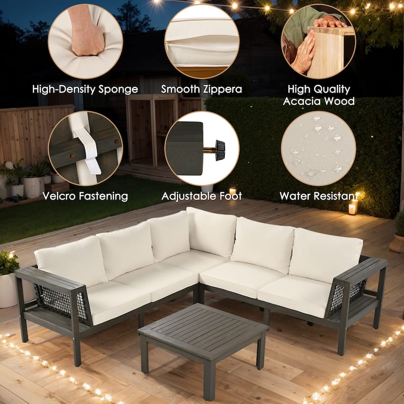 4-Piece Acacia Wood Patio Furniture Set with Armrests, Cushions and Pillows,Outdoor Sectional Sofa for Balcony, Garden,or Deck
