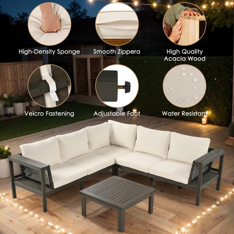 4-Pieces Outdoor L-Shaped Sofa Set with Woven Mesh Armrests & Coffee Table