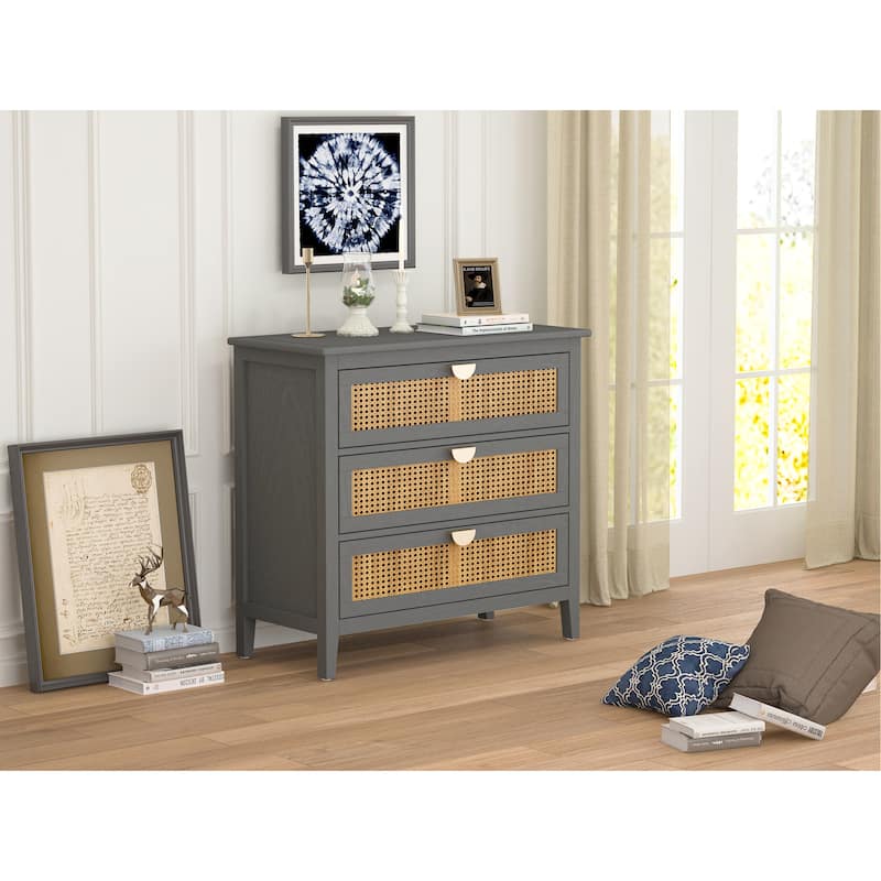 3-Drawer Bachelors Chest Cabinet with Hollow-Carved, Natural Rattan, American Furniture, Suitable for Bedroom, Living room