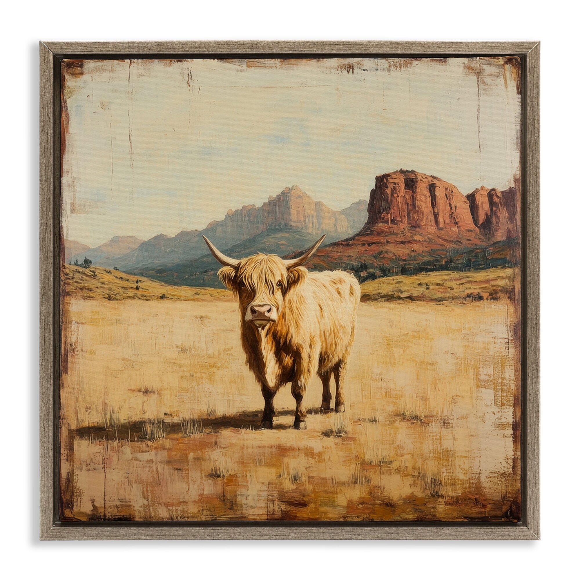 Stupell Desert Cow Portrait Framed Floater Canvas Wall Art Design By Petal Prints Design