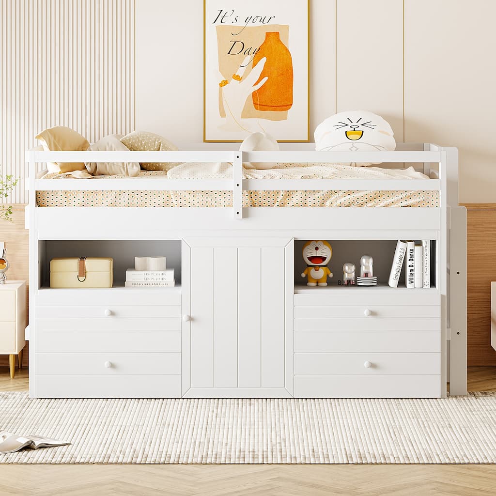 Twin Low Loft Bed with Guardrail, Drawers, Cabinet - White