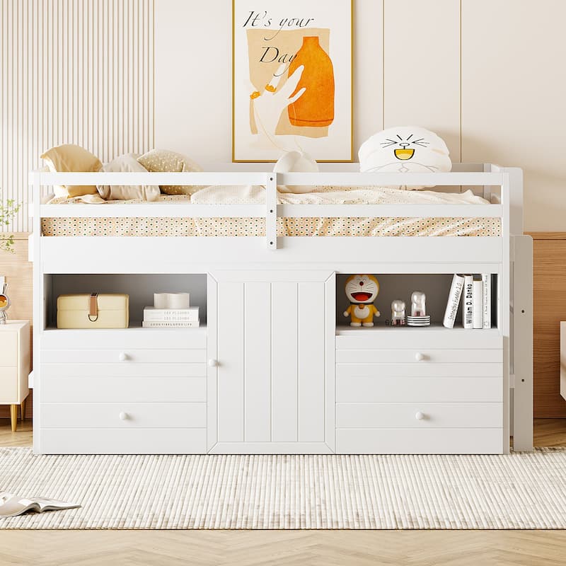 Twin Size Loft Bed with 4 Drawers, Underneath Cabinet and Shelves, White - White