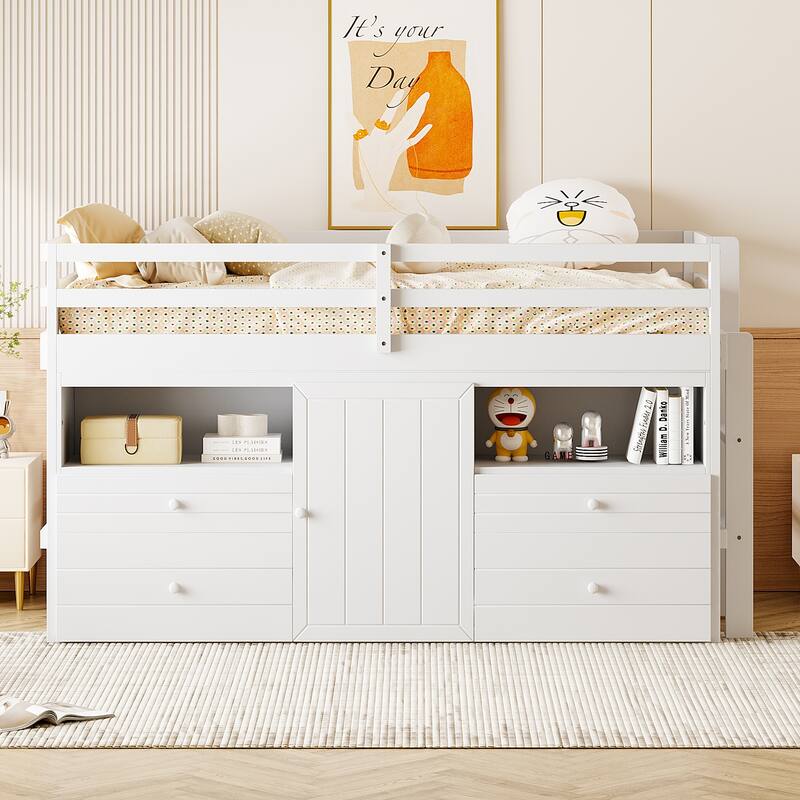 Twin Storage Kids Loft Bed Full Length Guardrail Low Loft Bed with Cabinet and 4 Drawers Space-Saving Kids Bed Slat Support