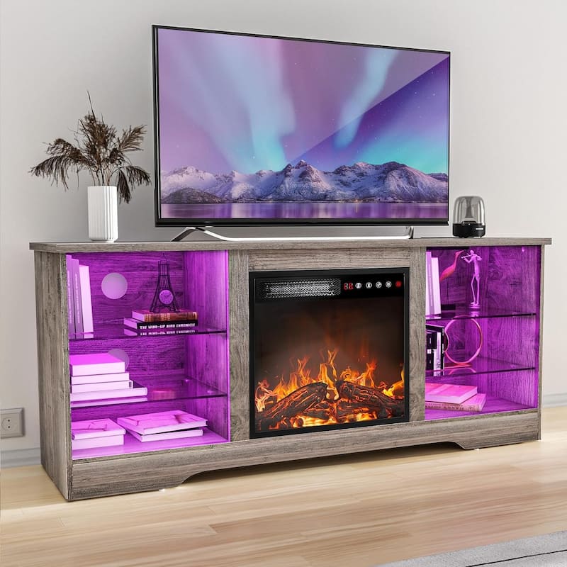 Bossin 58" Fireplace TV Stand with 18'' Electric Fireplace,Modern Entertainment Center for 65'' TVs,TV Console - Grey