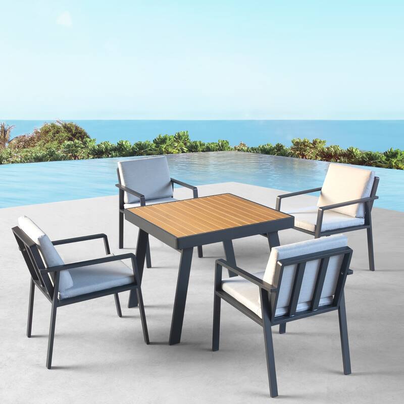 HIGOLD 6801 Nofi Outdoor Dining Set for 4/6 seaters with Grey Cushions/Textile, Aluminum Frame, Imitated Teak Tabletop - Matte Charcoa - 5 Pieces Set