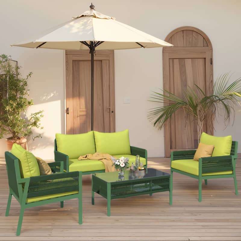 4-Piece Rope Outdoor Patio Furniture Set, Patio Conversation Set - 1Loveseat&1Table&2Chairs