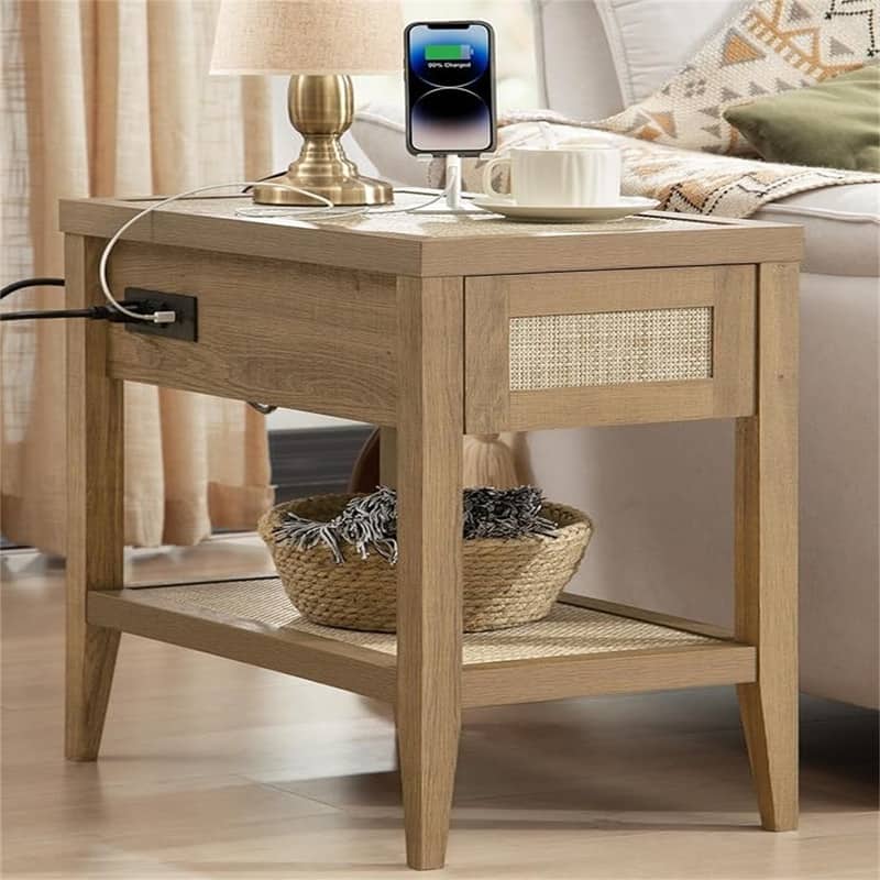 Rattan Nightstand Bedside Table - Drawer & Charging - 1-drawer