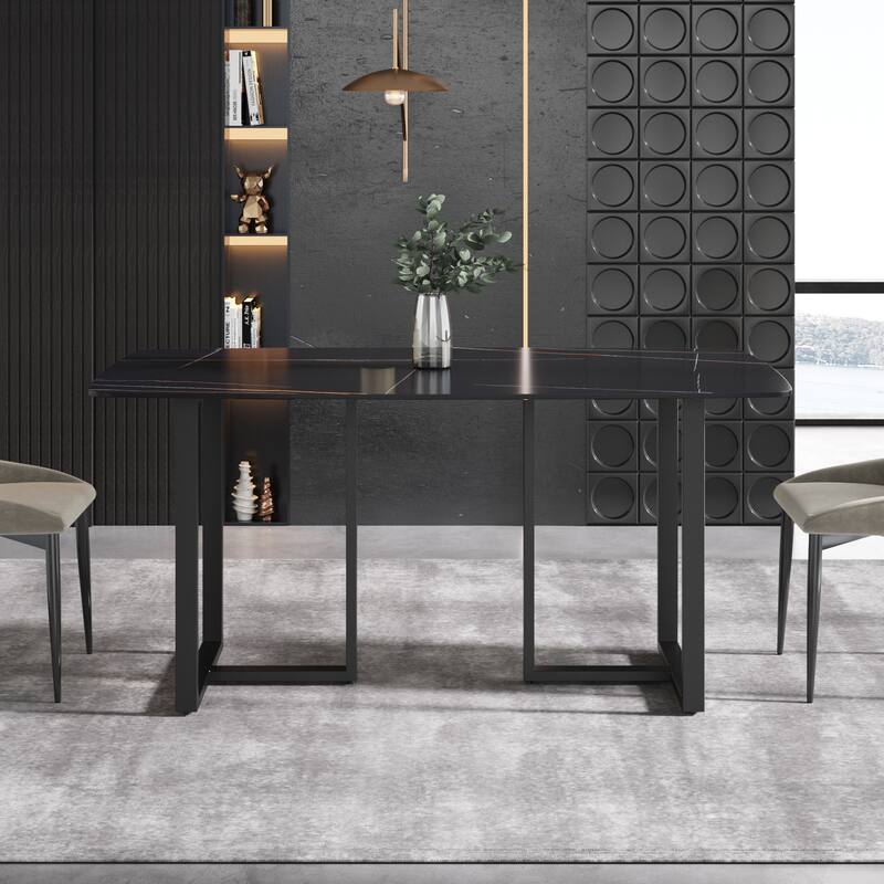 63'' Modern Dining Table，Sintered Stone Tabletop with Black Base