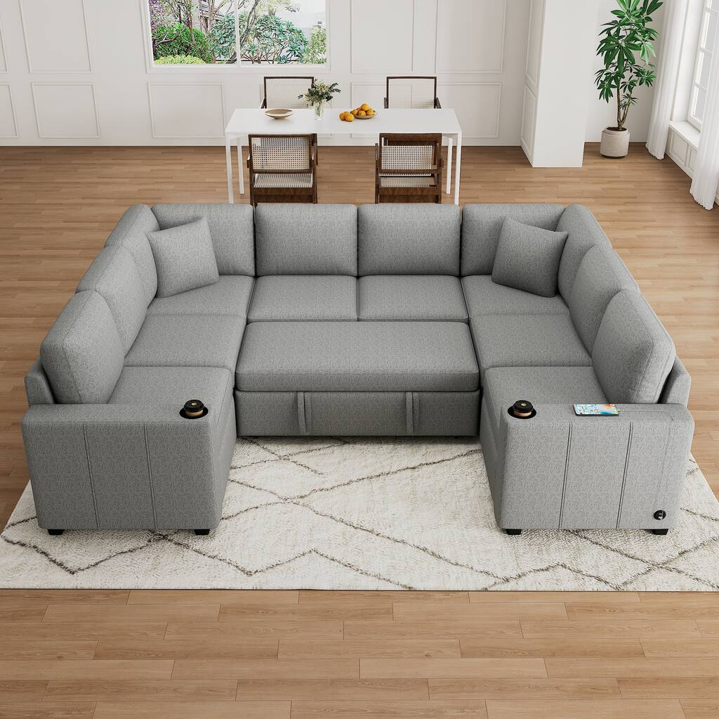 107.1" Convertible Sofa Bed, Gray, Chenille for Living Room with USB, Cup Holders & Pillows