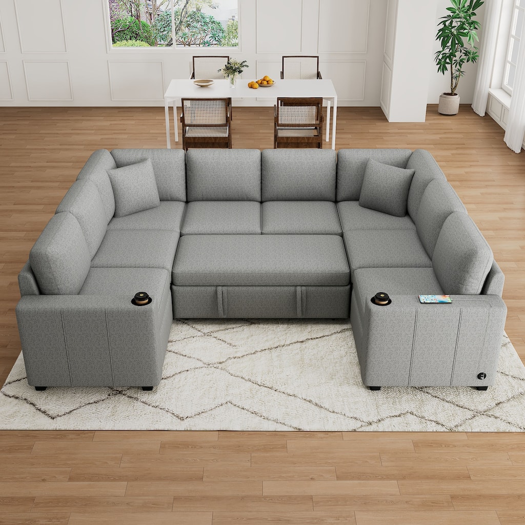 Chenille Sofa Bed Built-in USB and Cup Holders, U-shaped Sectional Sleeper Couch with Pull-out Recliner Bed for Living Room