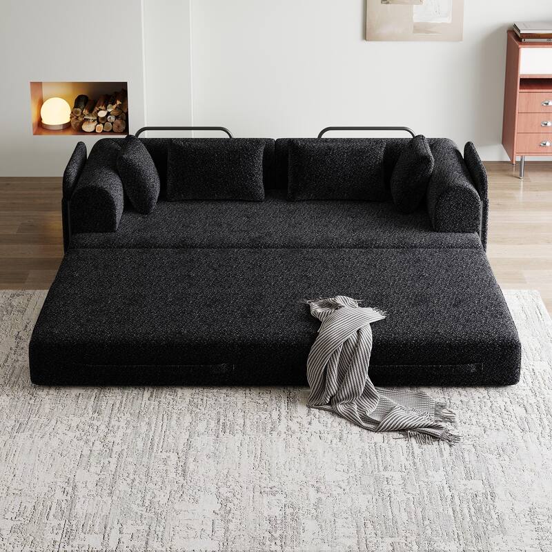 Chenille Floor Lounge Couch Convertible Sleeper Sofa Bed Folding Mattress with Cylindrical Pillow, Side Pocke and Metal Frame