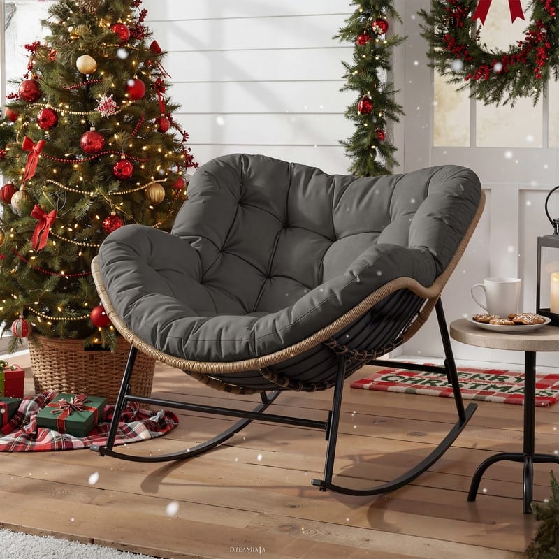 FINCATI Outdoor Royal Rocking Papasan Chair, Luxury Cozy Outdoor Rocking Chair, 450 lbs Indoor Extra Large Recliner Chair