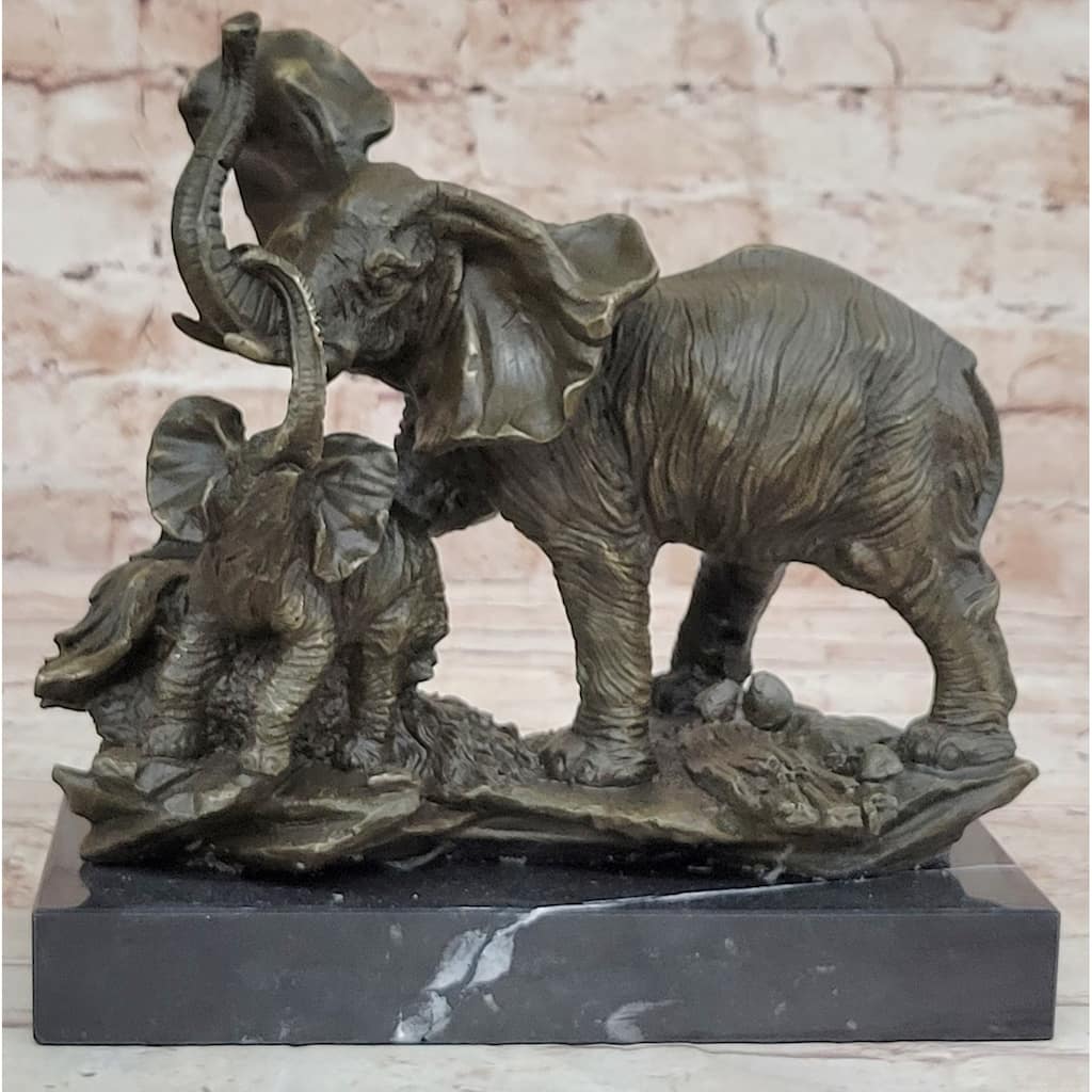 Mother Imitative Elephant Calf Bronze Statue Sculpture Figure On Marble Base Barye