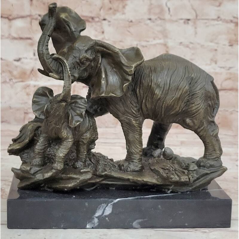 Mother Imitative Elephant Calf Bronze Statue Sculpture Figure On Marble Base Barye