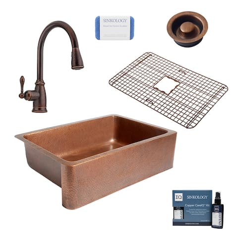 Adams 33" Farmhouse Copper Kitchen Sink with Canton Faucet and Strainer Drain