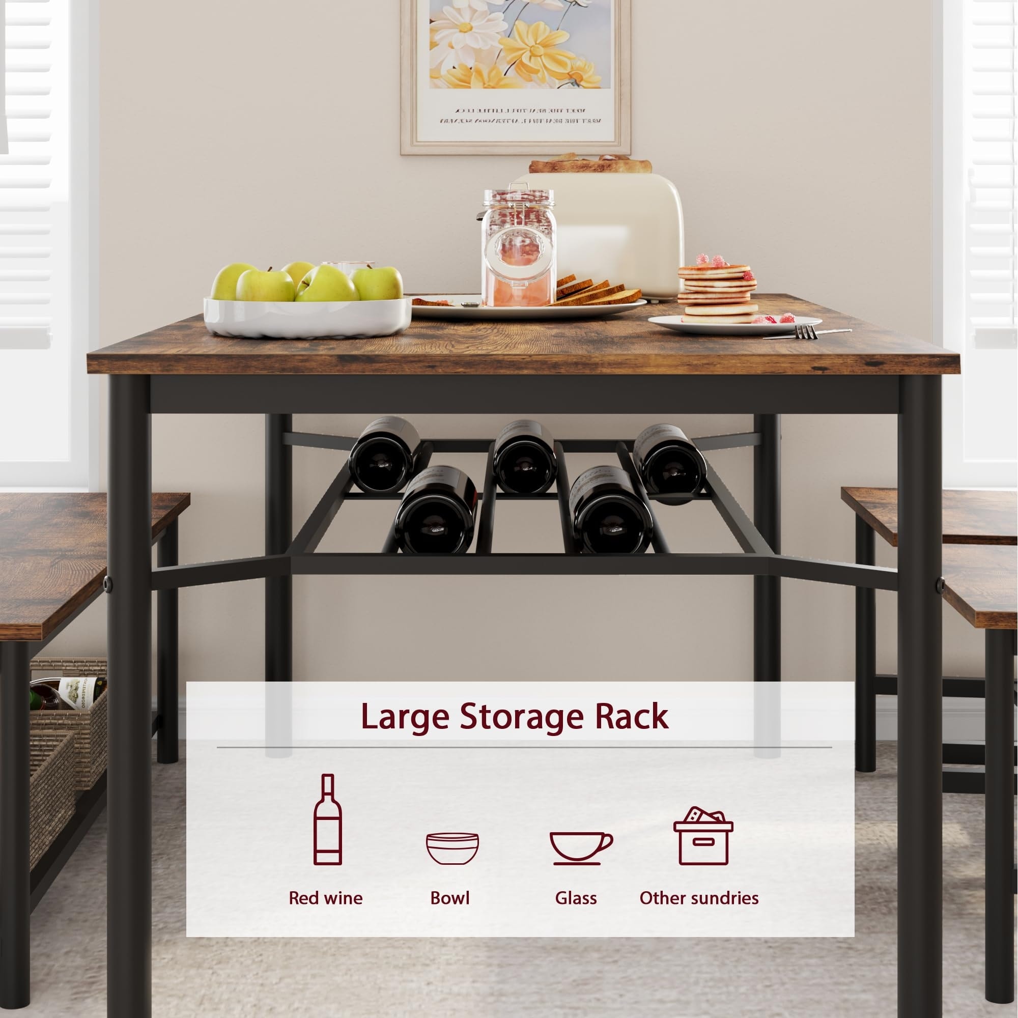 Rectangular Dining Table Set with Storage Bench and Wine