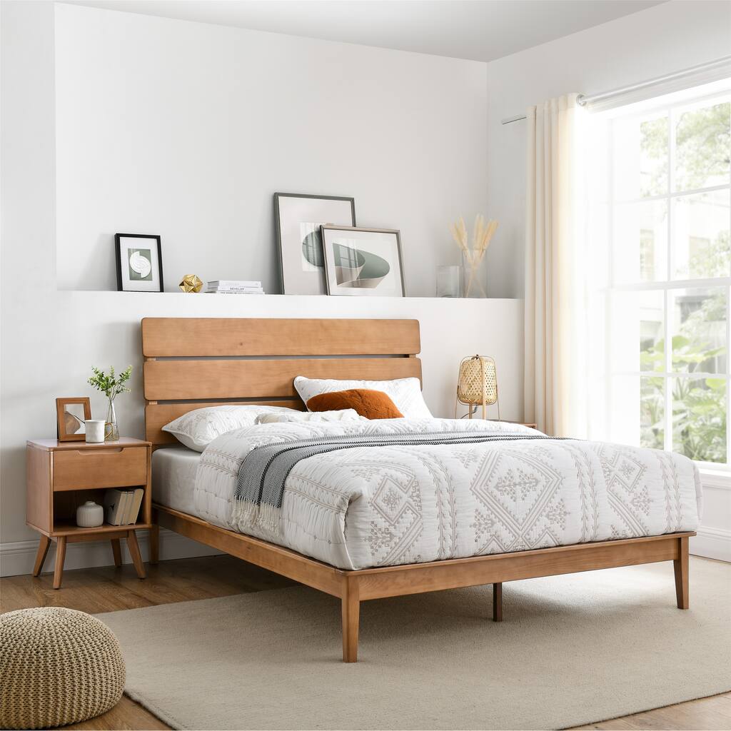 MUSEHOMEINC Low Profile Modern Wooden Platform Bed with Adjustable Height Headboard for Bedroom, Wooden Bed Frame with Headboard