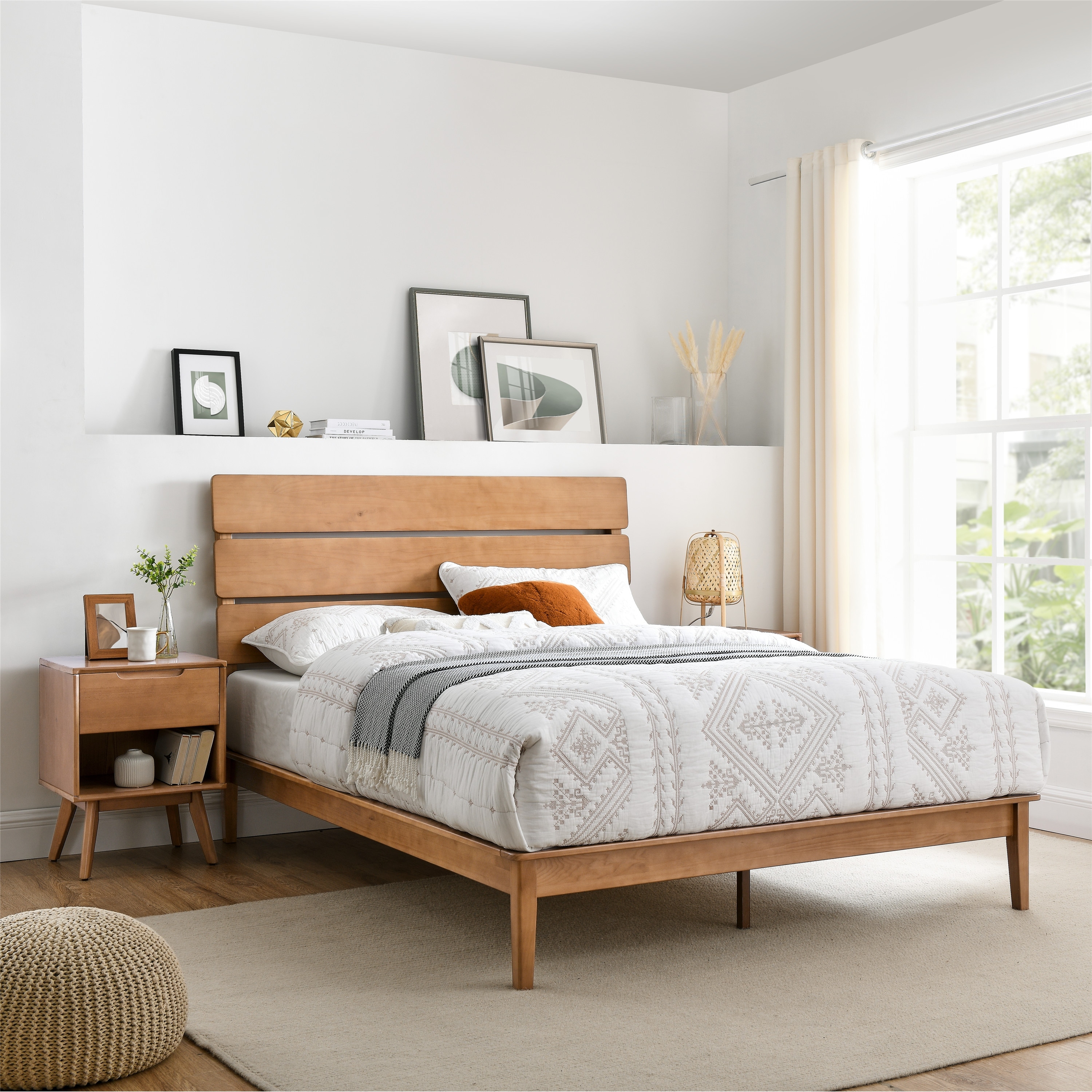 MUSEHOMEINC Low Profile Modern Wooden Platform Bed with Adjustable Height Headboard for Bedroom Wooden Bed Frame with Headboard King
