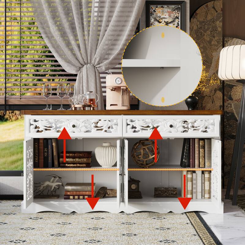 Classic White Sideboard Cabinet with Carved Doors and Rustic Metal Hardware Buffet Display Cabinet