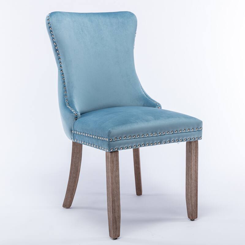 Velvet Upholstered Dining Chair Set of 2, Wing-Back Kitchen Chairs with Backstitching Nailhead Trim and Solid Wood Legs