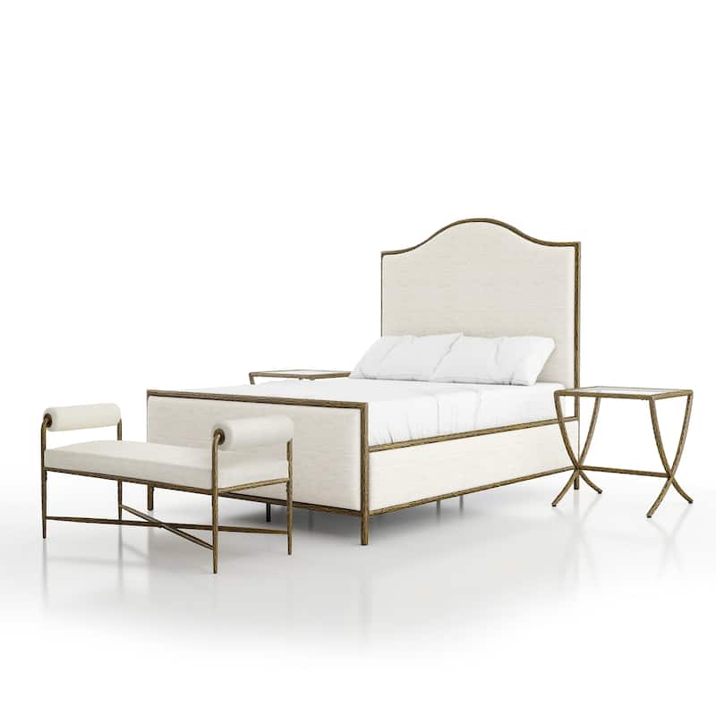 247 Shop At Home Lalia Modern 4-Piece Upholstered Hammered Metal Camelback Bedroom Set with 2 Nightstands - Matte Gold - Full