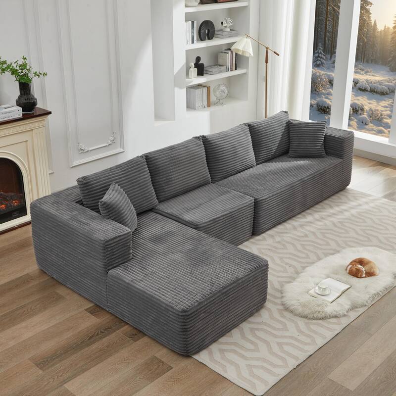 Modular Sectional Sofa with L-Shape Chaise, Oversized Corduroy Upholstered Cloud Sofa, Deep Seat Sofa with 2 Throw Pillows
