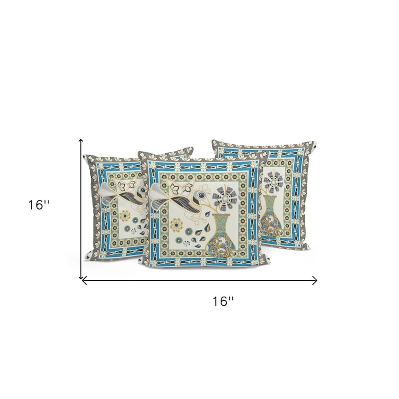 HomeRoots Set of Three 16" X 16" Green and Yellow Peacock Blown Seam Floral Indoor Outdoor Throw Pillow