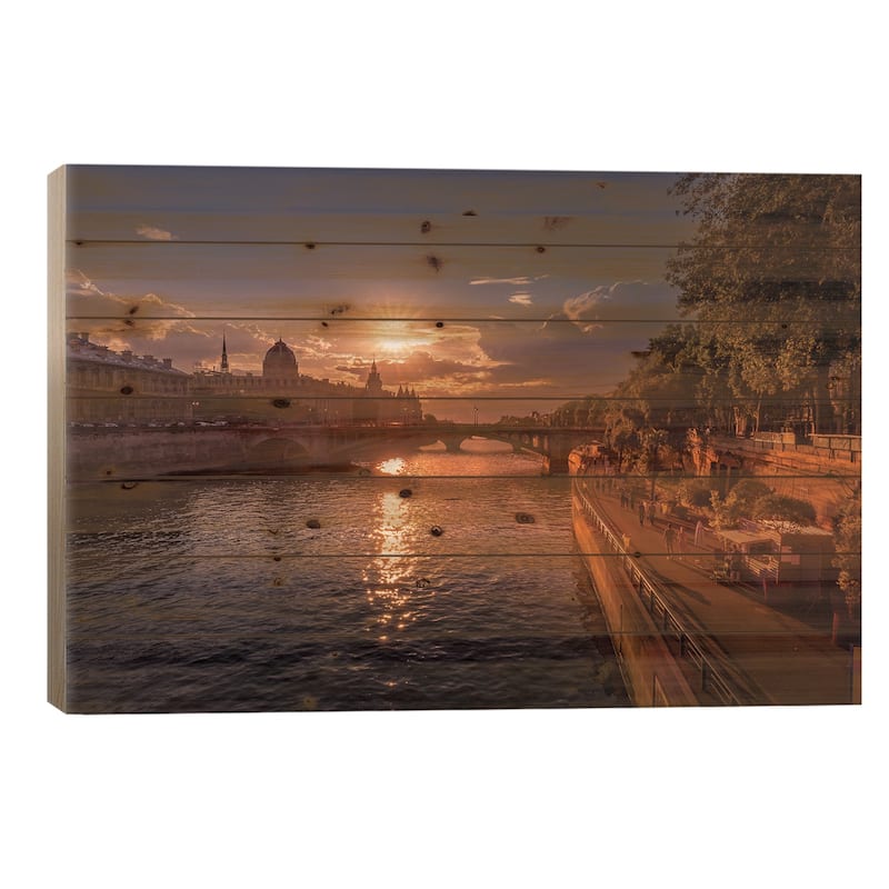 End Of The Day On The Banks Of The Seine Print On Wood by Jérôme Labouyrie - Multi-Color - 26x40x1.5
