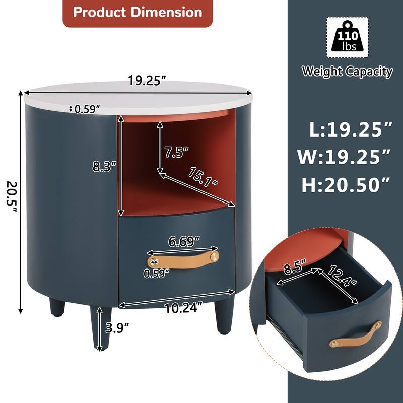 Contemporary Round Nightstand - Storage Drawer + Open Shelf, Curved Design, Easy Assembly (Blue)