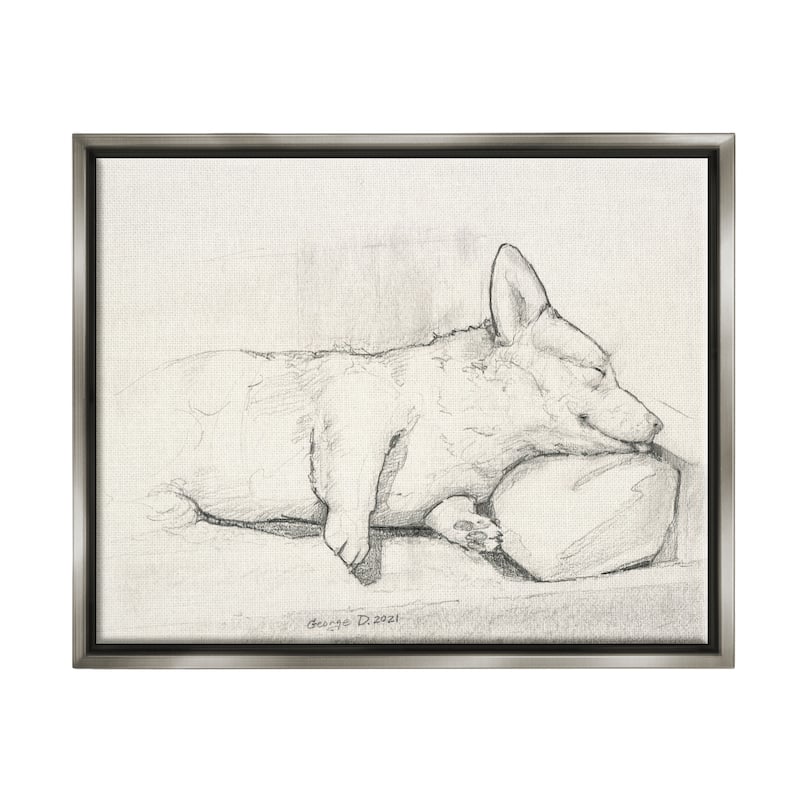 Stupell Corgi Dog Lolling Tongue Graphite Pencil Sketch Floater Frame, Design by George Dyachenko - 30 x 24 - Grey