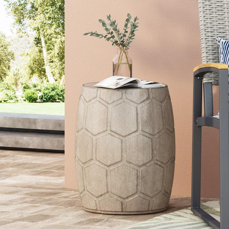 Roomfitters Outdoor Lightweight Concrete Side Table with Honeycomb Carved Design, Modern Accent Table, Natural