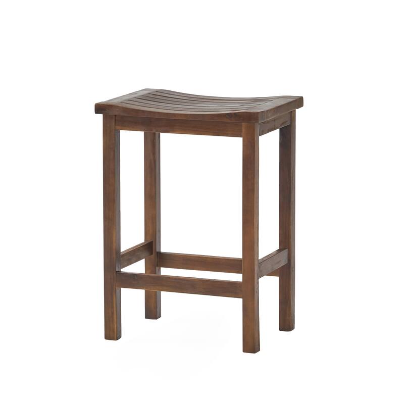 Roomfitters Outdoor Acacia Wood Bar Stool Set of 2, 24'' Counter Height Backless Patio Stools with Curved Seat, Mahogany Brown