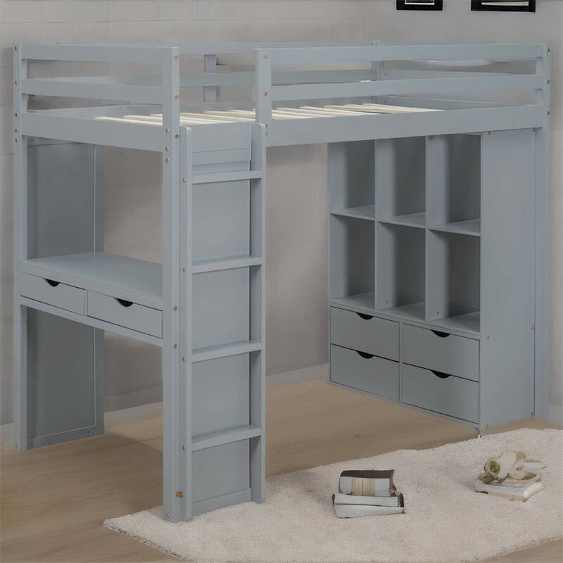 Full Size Loft Bed with large shelves, writing desk and LED Light