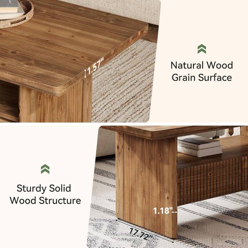47.24" Solid Wood Coffee Table with 2 Drawers, 2-Tier Rustic Rectangle Center Tea Table with Open Shelf Storage
