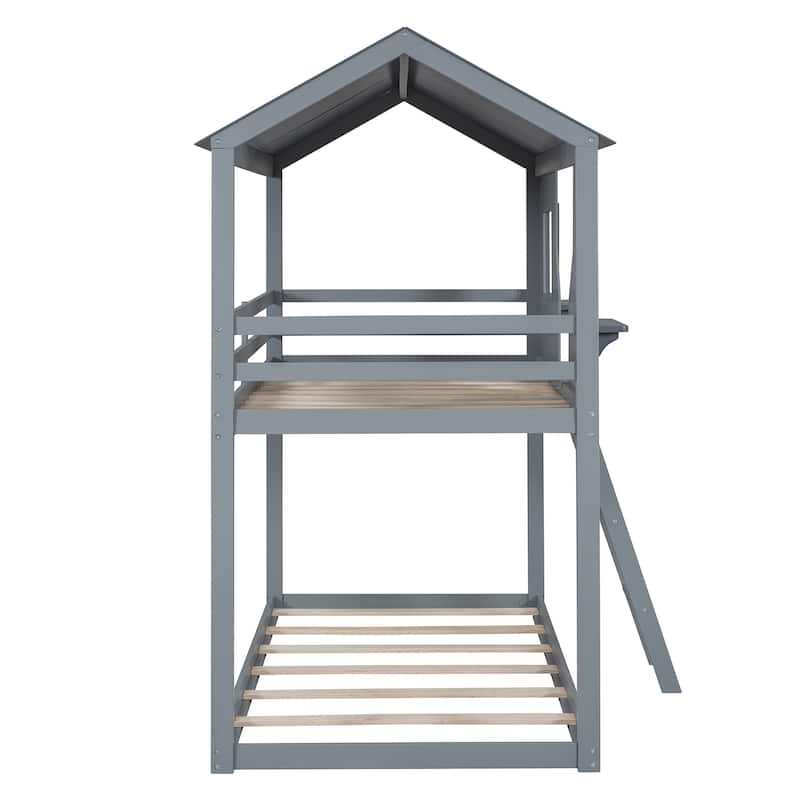 Twin Over Twin Bunk Bed Wood Bed with Roof, Window, Guardrail, Ladder (Gray)