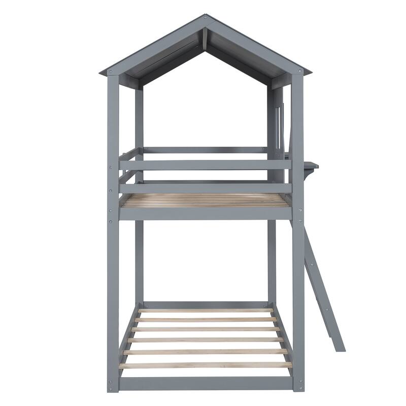 Wooden Twin Over Twin Bunk Bed, Playhouse Design with Roof and Windows