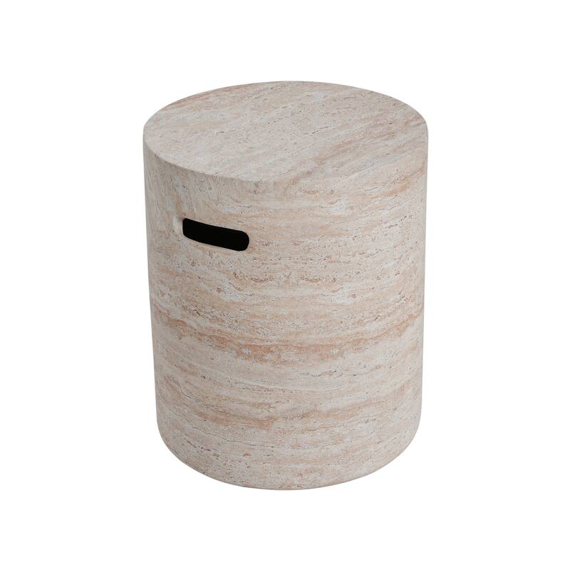 Outdoor Indoor Lightweight Concrete Side Table With Side Handles, Travertine Finish - 20.41