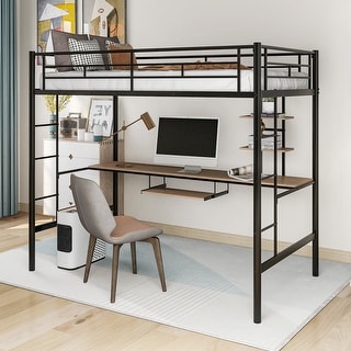 Black Twin Size Metal Loft Bed with Desk and Shelf , Space Saving Design for Kids, Bedroom