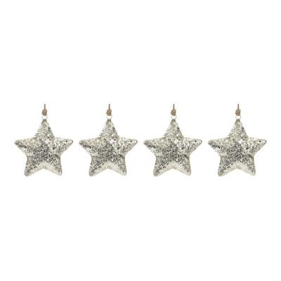 Set of 4 Silver Mosaic Christmas Star Ornaments 6.5"