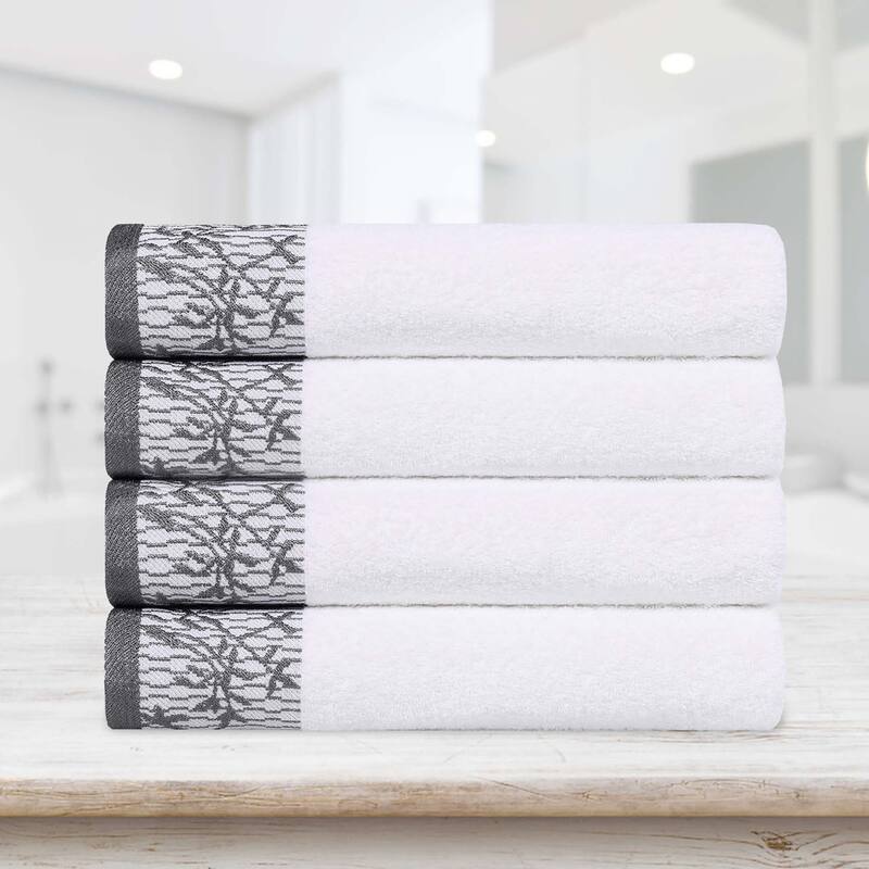 Superior Wisteria Cotton Floral Jacquard Border Bath Towel Set - White/Grey