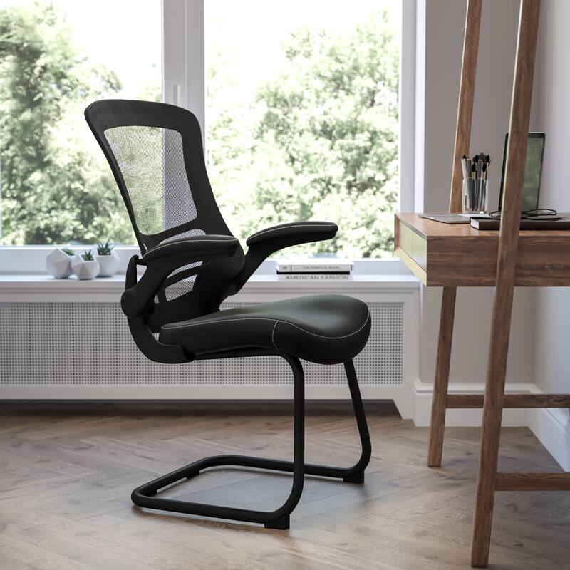 Mesh Sled Base Side Reception Chair with Flip-Up Arms - Black Leather