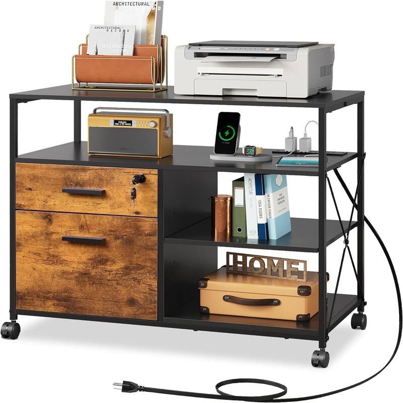 2 Drawer Locking File Cabinet with Charging Station - 15.7"D x 31.7"W x 26.1"H - Rustic Brown