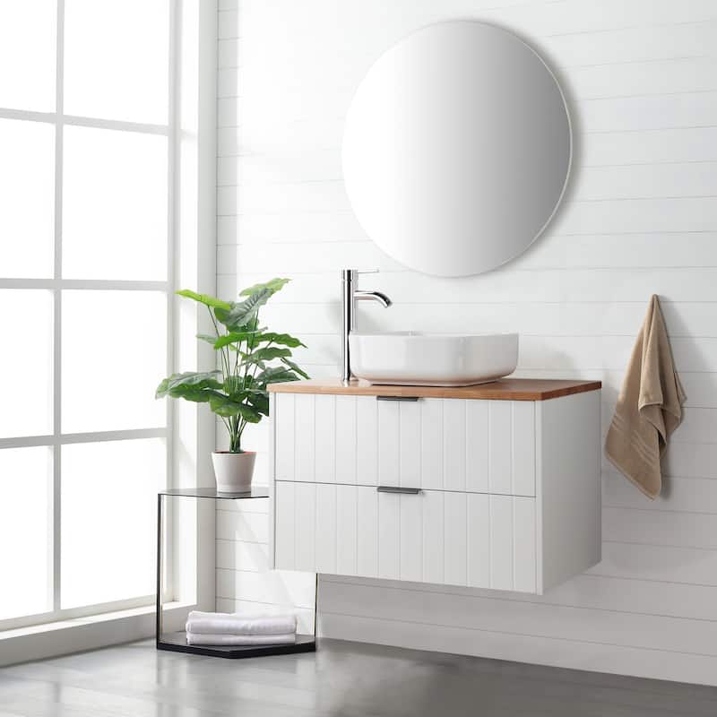 32" Drawer Wall-Mounted Vanity with Solid Wood Top and Round Mirror - White